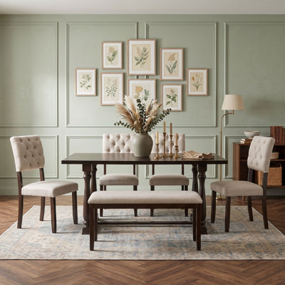 Rustic 6-Piece Dining Table Set with Rectangular Table, 4 Tufted Back Upholstered Chairs and Bench