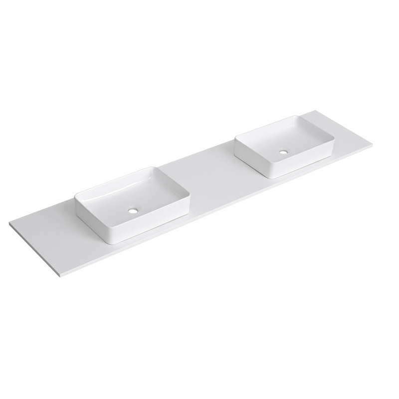 Plateau de meuble-lavabo 84 po en pierre de quartz blanc avec double vasque carrée en céramique