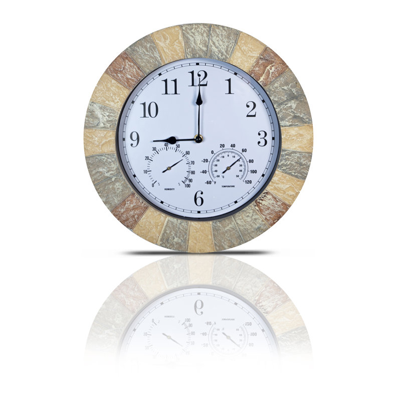 Sandstone Effect 13 Inch Outdoor and Indoor Wall Clock with Thermometer & Hygrometer