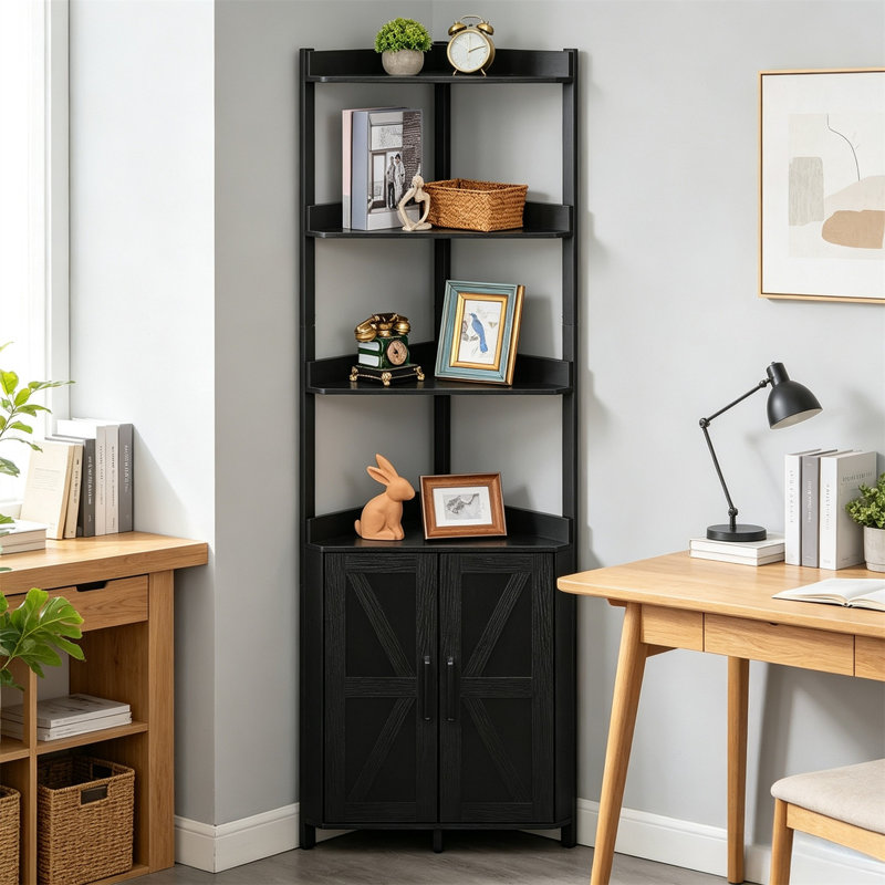 5-Tier Corner Shelf Unit with Safety Rails – Tall Storage Cabinet for Living Room, Bedroom & More, Black