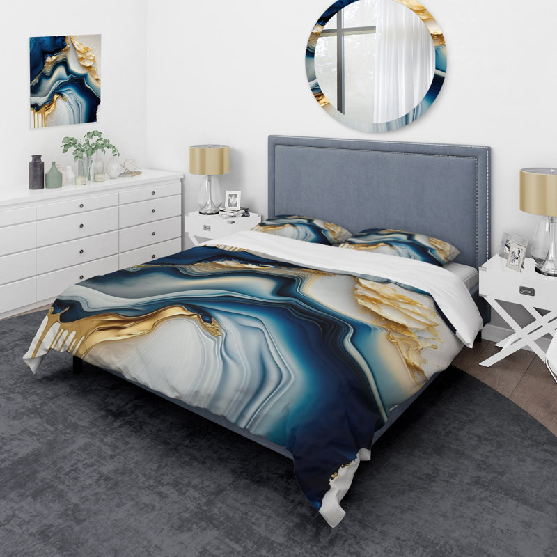 Ensemble de housse de couette abstrait en polyester et microfibre Abstract Geode Gold and Blue Marble II