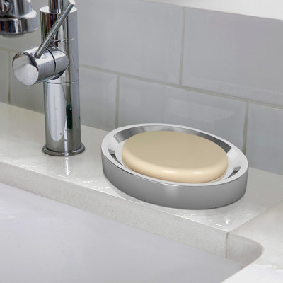 Porte-savon en acier inoxydable à finition chromée pour les comptoirs de salle de bain et de cuisine, prévient l'engorgement et la rouille