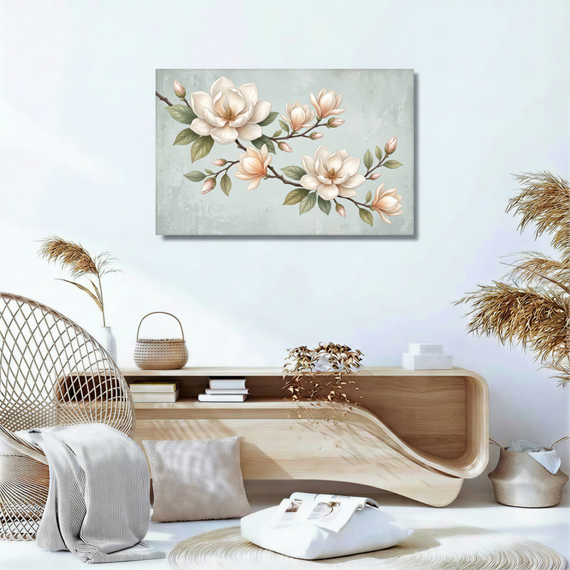 Art mural sur toile crème et rose avec fleurs de magnolia, H 18 po x l 24 po