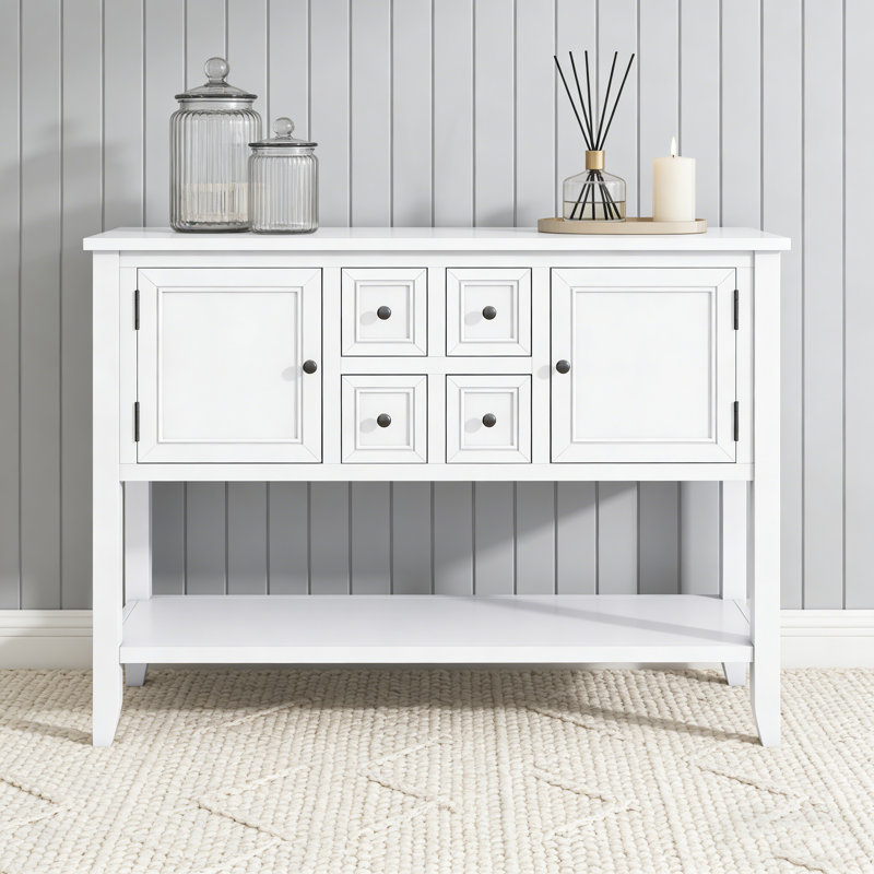 Grande console de rangement rétro Cambridge Series avec quatre petits tiroirs et une tablette inférieure pour le salon, Blanc