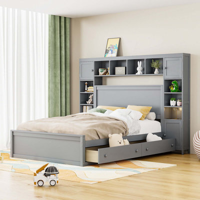 Lit en bois avec armoire et tablette tout-en-un