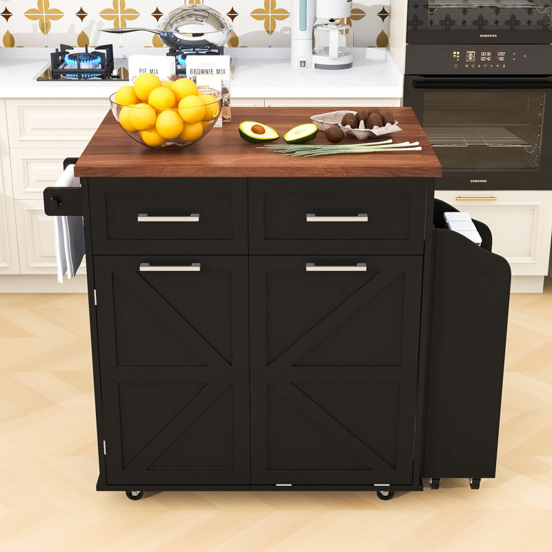 Rolling Kitchen Island Cart with Drop Leaf, Trash Cabinet, 2 Drawers and Removable Side Rack, Black