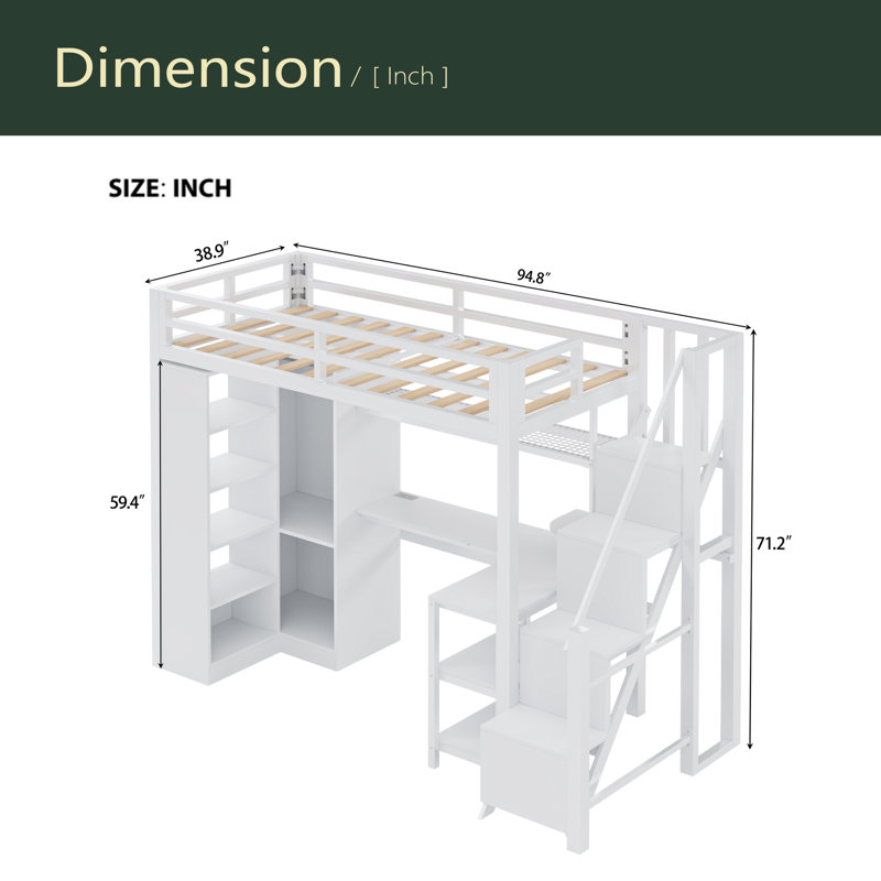 Lit mezzanine simple en métal avec bureau, ports USB, tablette à 5 couches, garde-robe et escalier