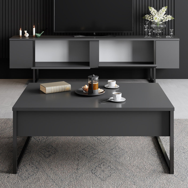 Ensemble de mobilier de salon moderne, panneau de particules enduit 100% mélamine, anthracite et noir, meuble télé 70,9 po x 11,8 po x 18,5 po et table basse 35,4 po x 15,4 po x 15,7 po | Pieds en PVC durable, design industriel élégant
