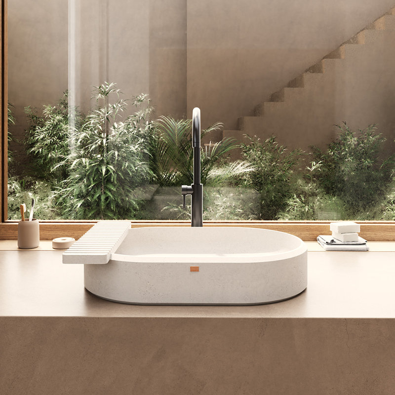 Konkretus Ubud 14.5'' Concrete Oval Bathroom Sink, Tulum White
