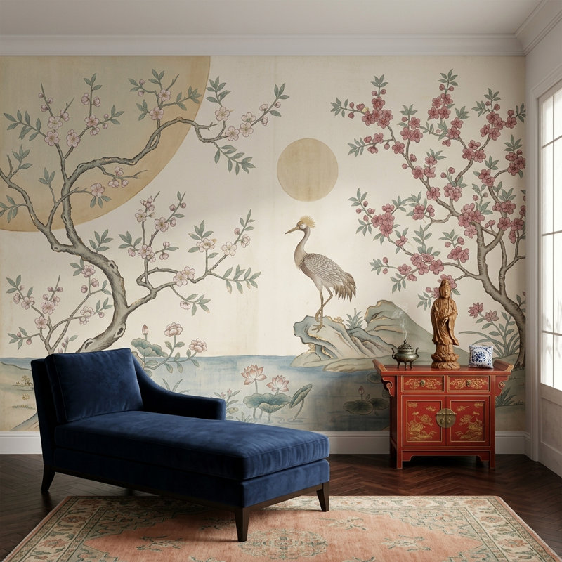 Papier peint vert discret Sage Chinoiserie, Non tissé, 160 po x 108 po