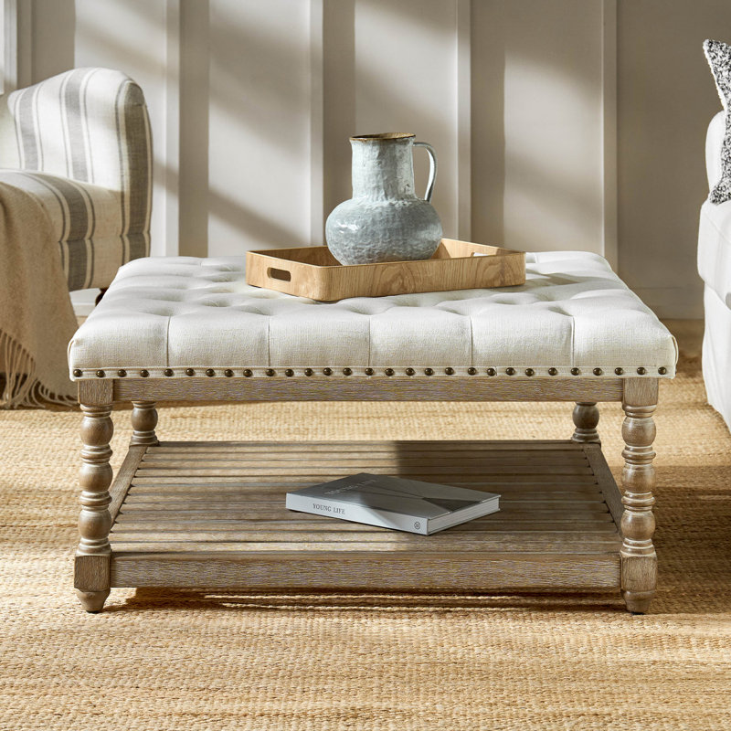 Terren 33.25"W Tufted Square Cocktail Ottoman with Storage Shelf, Ivory