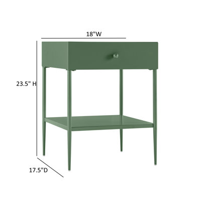 Table de chevet Chalamet Vintage en métal vert avec tiroir, tablette inférieure et pattes effilées