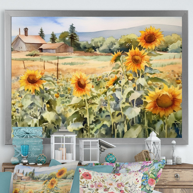 Tournesol doré à la ferme IV - reproduction sur toile, H 30 po x l 40 po x P 1,5 po, Cadre photo argenté