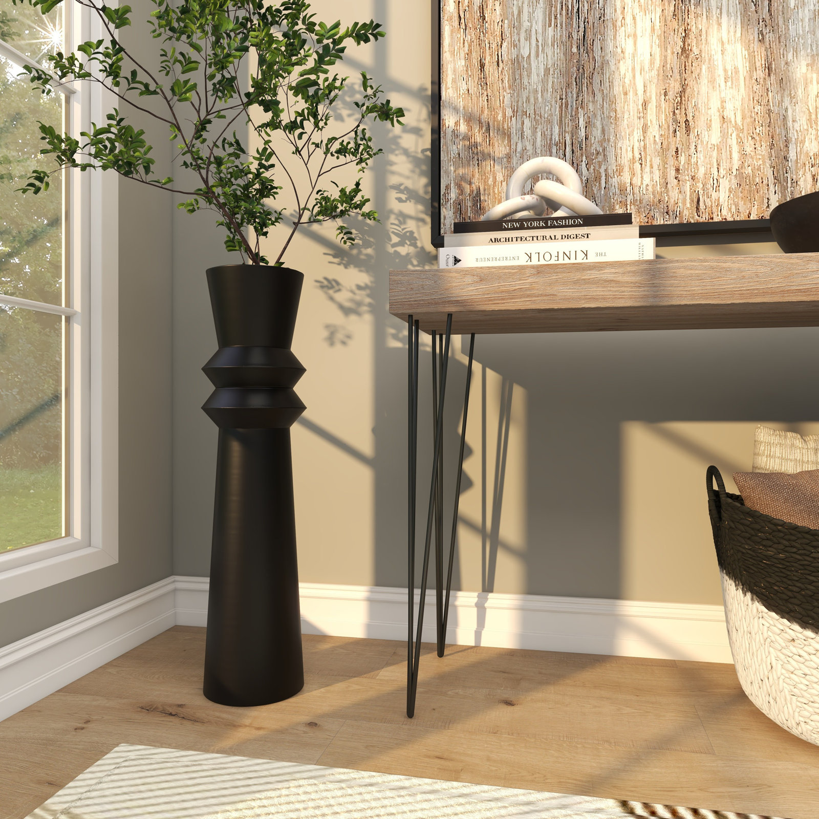 Mable Metal Floor Vase, Black, 31.75" H x 8.3" W x 7.8" D