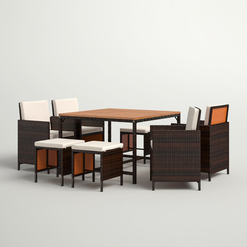 Negril 8 - Person Acacia Wicker Patio Dining Set with Square Table , Cushions Included, Beige