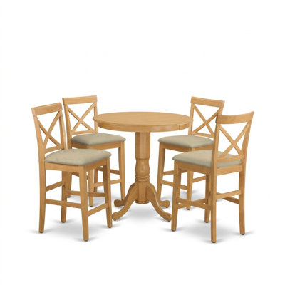 Oak Hardwood Round 5 Piece Counter Height Dining Table Set With Pedestal Table And 4 Linen Fabric Chairs