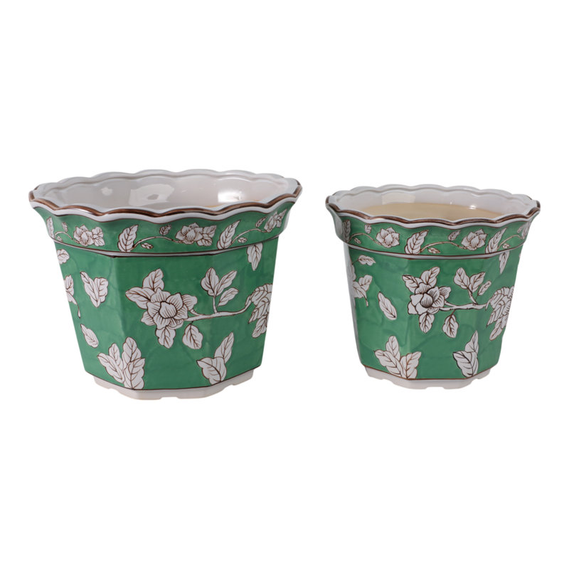 Ceramic Planter Set With Embossed Floral Design – Indoor Planter And Outdoor Planter Decor For Patio, Porch, Or Balcony – Decorative Planters And Flower Pots For Home Styling – Set of 2, 12", Green