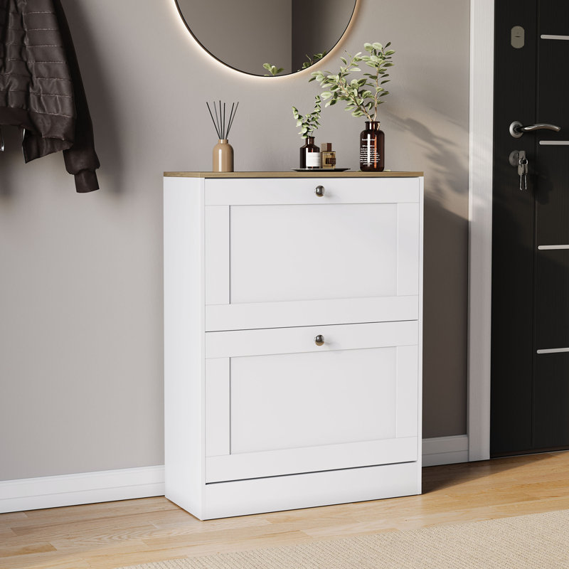2 Drawer Shoe Cabinet with Top Modern Shoe Storage For Hallway Living Room & Bedroom, White/Oak
