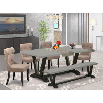 L'ensemble de table de salle à manger 6 pièces contient une table en bois de ciment, un banc de salle à manger et 4 chaises rembourrées en tissu de lin - Finition à dossier brossé