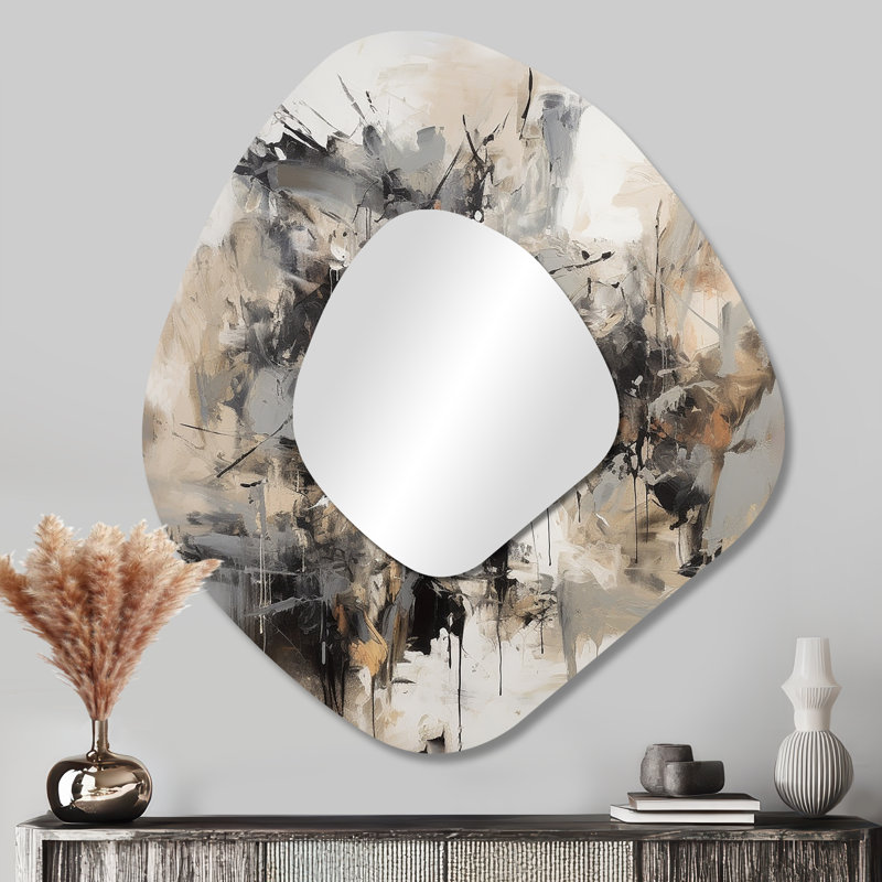 Grey Black Inner Worlds Of Marble III - Geometric Unique Shape Large Mirror, Modern Asymmetrical Decorative Wall Mirror, Printed Metal Art