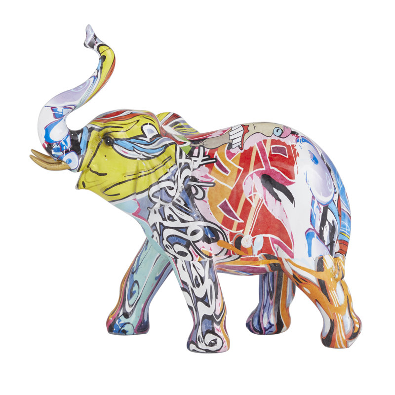 Polystone Graffiti Elephant Decorative Multi Colored Sculpture, 8" H x 8.2" W x 3.3" D