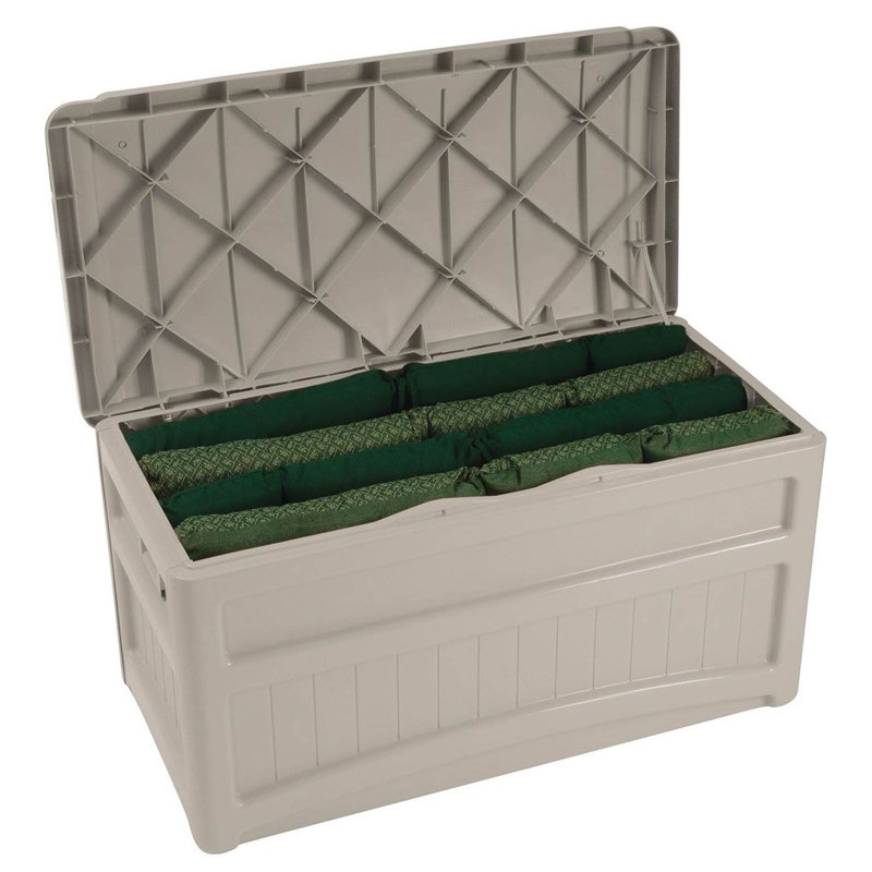 Suncast 73 Gallon Water Resistant Resin Lockable Deck Box with Lock Wheels in Light Taupe
