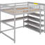 Lit mezzanine double gris avec tablette et rangement pour bureau. Fabrication en bois. Taille de la chambre à coucher sous le cadre.