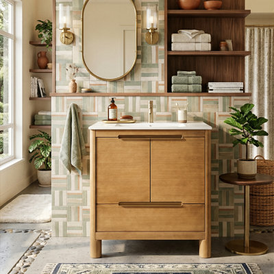 Meuble-lavabo moderne autoportant de 30 po avec lavabo en céramique, structure en bois de pin massif avec portes et tiroir à fermeture en douceur, tablette réglable
