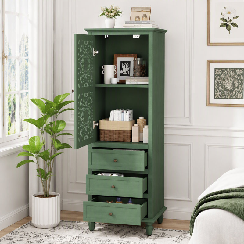 Armoire de rangement de style campagnard de 63 pouces avec porte sculptée, Vert antique