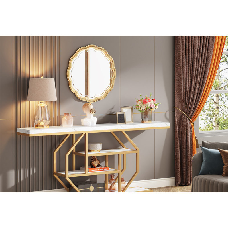 70.9 Inch Extra Long Faux Marble Console Table with 4-Tier Storage, Ideal for Modern Living and Elegant Home Decor