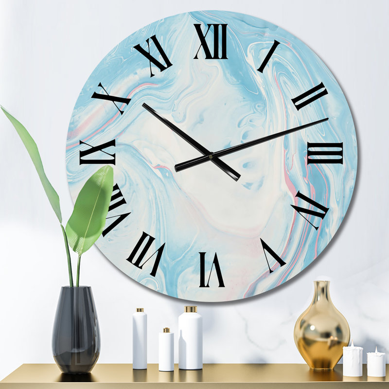 Horloge murale moderne bleu clair et blanc en marbre liquide III, Petit