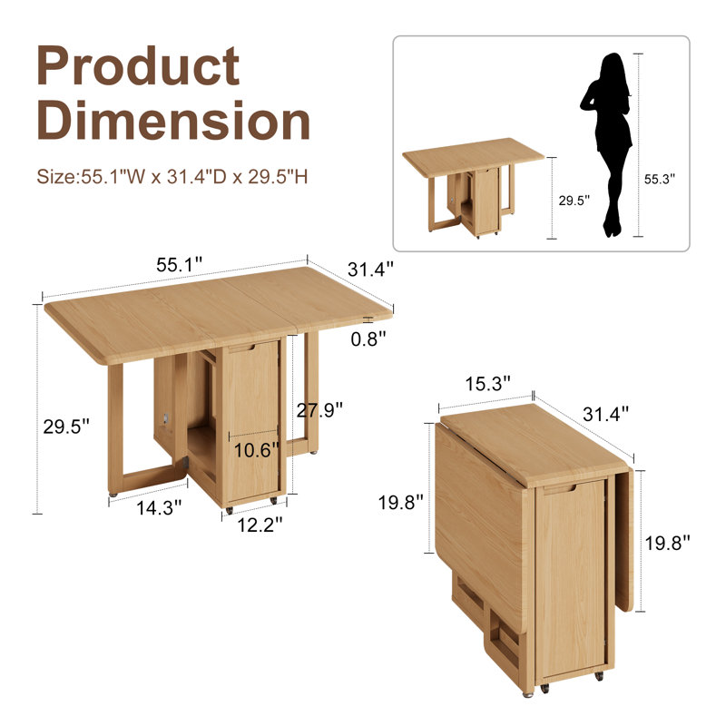 Angelo Solid Wood Expandable Drop Leaf Dining Table with Rolling Casters & Storage Cabinet（Table only, chairs are not included）