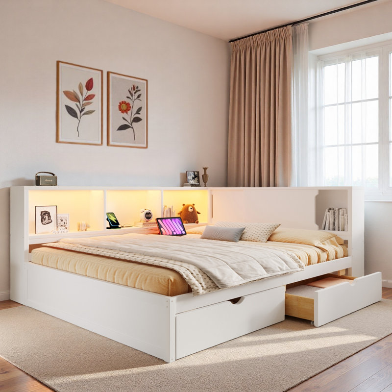 Lit de jour en bois avec tablettes de rangement, ports USB, DEL et 2 tiroirs, Blanc