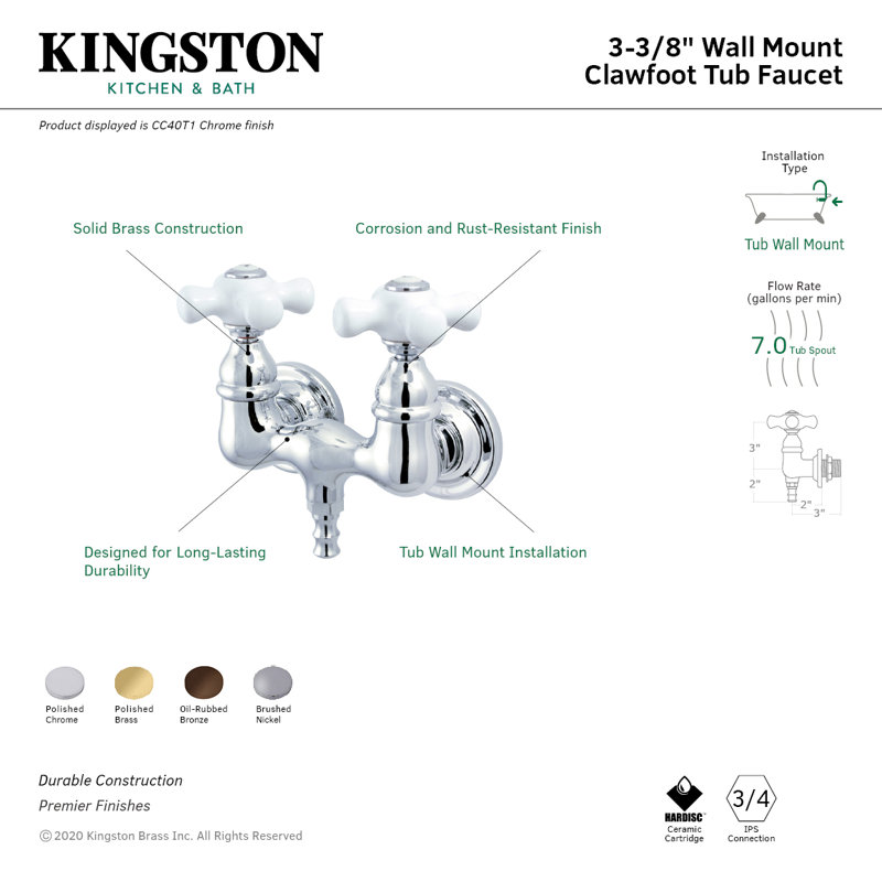 Kingston Brass Vintage Two-Handle 2-Hole Tub Wall Mount Tub Faucet, Polished Brass