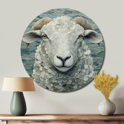 Ewes Gaze Of Sheep Portrait - Sheep Round Metal Wall Decor, Modern Gray Metal Art Print