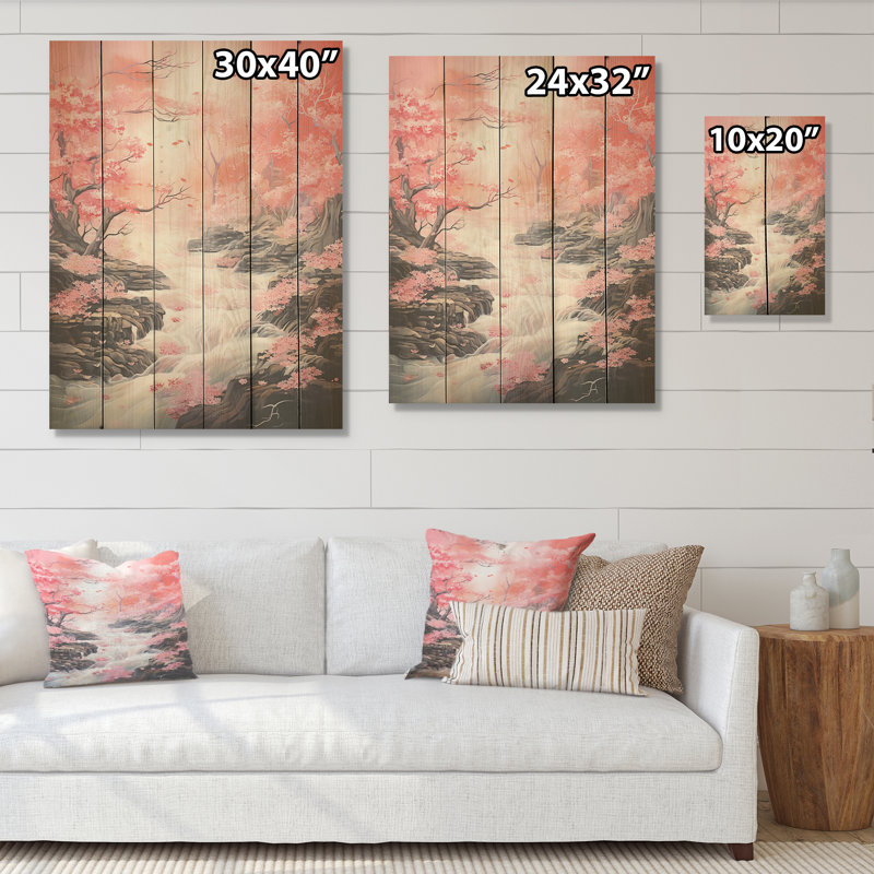 Rippling, rivière Japon, forêt, art sur bois de pin naturel, H 20 po x l 10 po