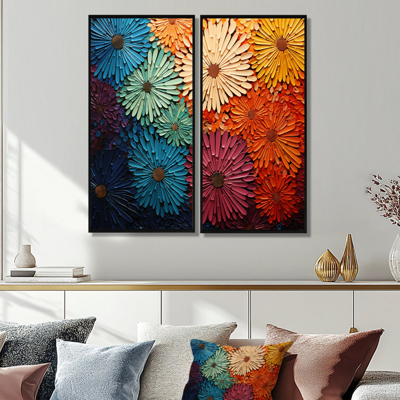 Mid Century Sunburst Serenade III - art mural multicolore, 32" H x 32" W, Black, Impression encadrée flottante