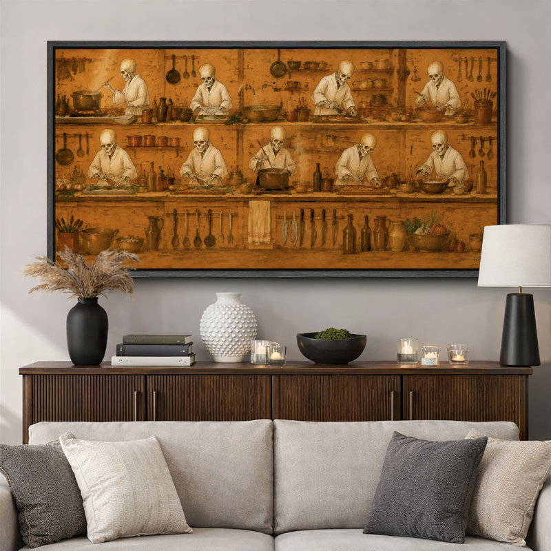 «Skeleton Chefs Cooking Kitchen Kitchen Extra Large», reproduction d'art sur toile encadrée, 30" H x 60" W x 1.5" D, Black
