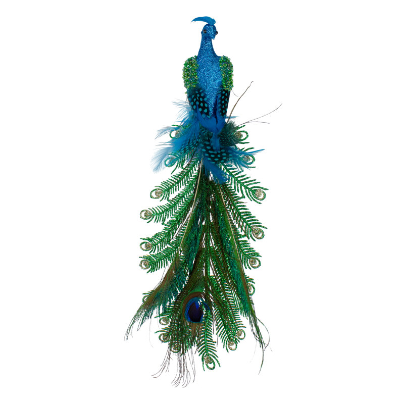 15.25" Blue And Green Glittered Peacock Clip On Christmas Ornament