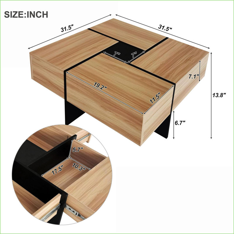 Table basse extensible à 4 voies avec 4 rangements cachés, panneau de particules robuste pour le salon