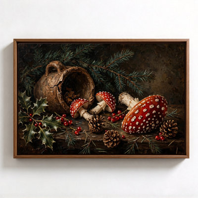 "Mushroom and Holly Still Life", art mural encadré noir, 16 po x 24 po, décoration murale moderne pour le salon et la chambre à coucher