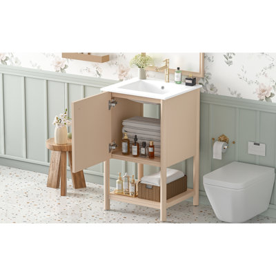 French Style 20 - Inch Bathroom Vanity With Ceramic Sink, Single Vanity, Soft Close Door, Elegant Simplicity, Exquisite Patterns, Stainless Steel Hinges, Metal Round Knob, Ample Storage, Basin, 1.37"