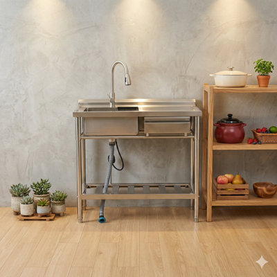 A utility sink fabricated from stainless steel, designed as a self-supporting unit.