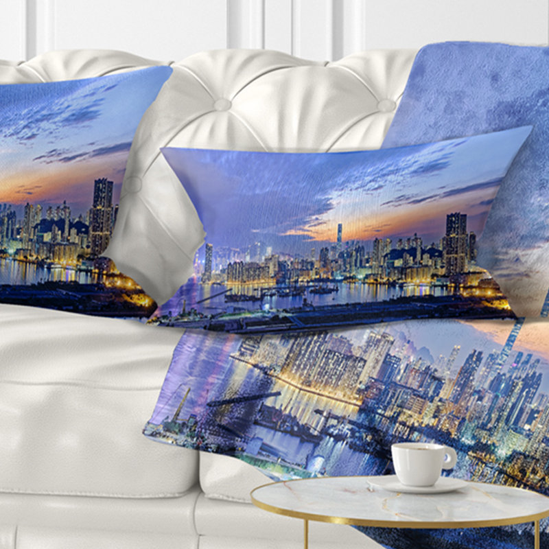 Vue du coucher du soleil de la ville de Hong-kong - oreiller imprimé paysage urbain, Rectangle 12"H x 20"W, Lumbar Pillow