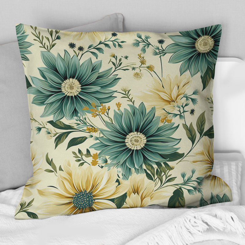 Coussin décoratif rétro vert et beige Dahlia I - imprimé floral, H 16 po x l 16 po