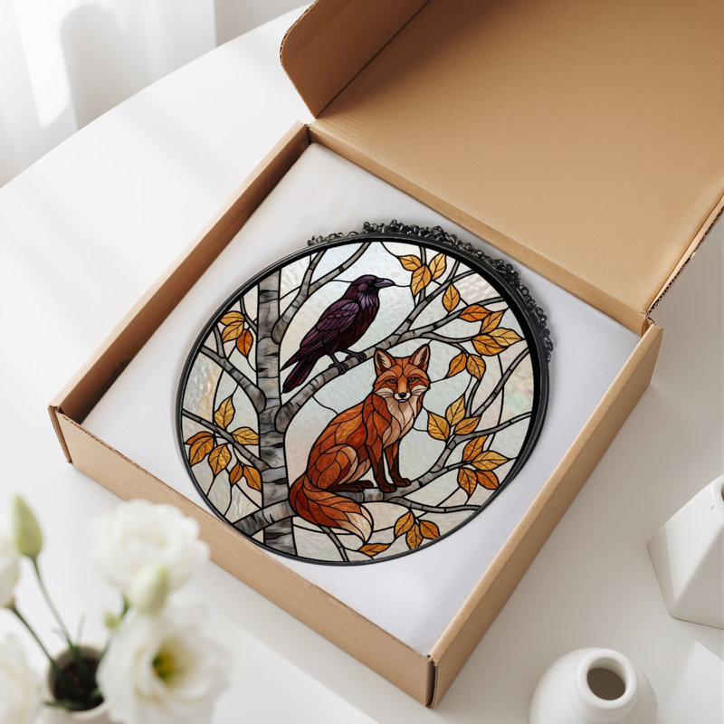 Panneau de vitrail Fox Crow, 7,8 heures, 7.8"H