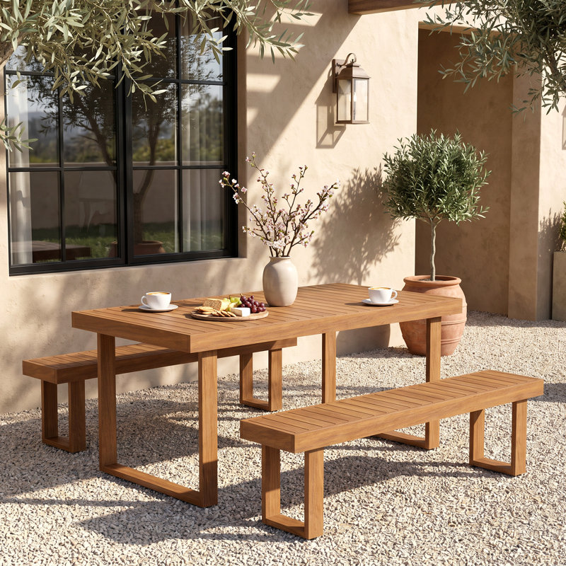 Table de salle à manger d'extérieur en bois d'acacia avec 2 bancs, 3 Pieces: Table, 2 Benches