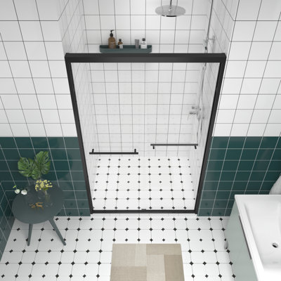 Double Sliding Bathroom Shower Door With Stainless Steel Handle, - Crash Angle, Water Sealing Design 44 48" Adjustable Width & Tempered Glass, Mute System