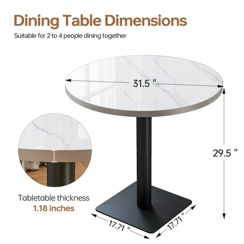 Table de salle à manger ronde en céramique frittée de 31,5 po avec rebord métallique, table à piédestal 2-4 places pour l'intérieur et l'extérieur, café commercial, réunion de bureau et maison, base noire