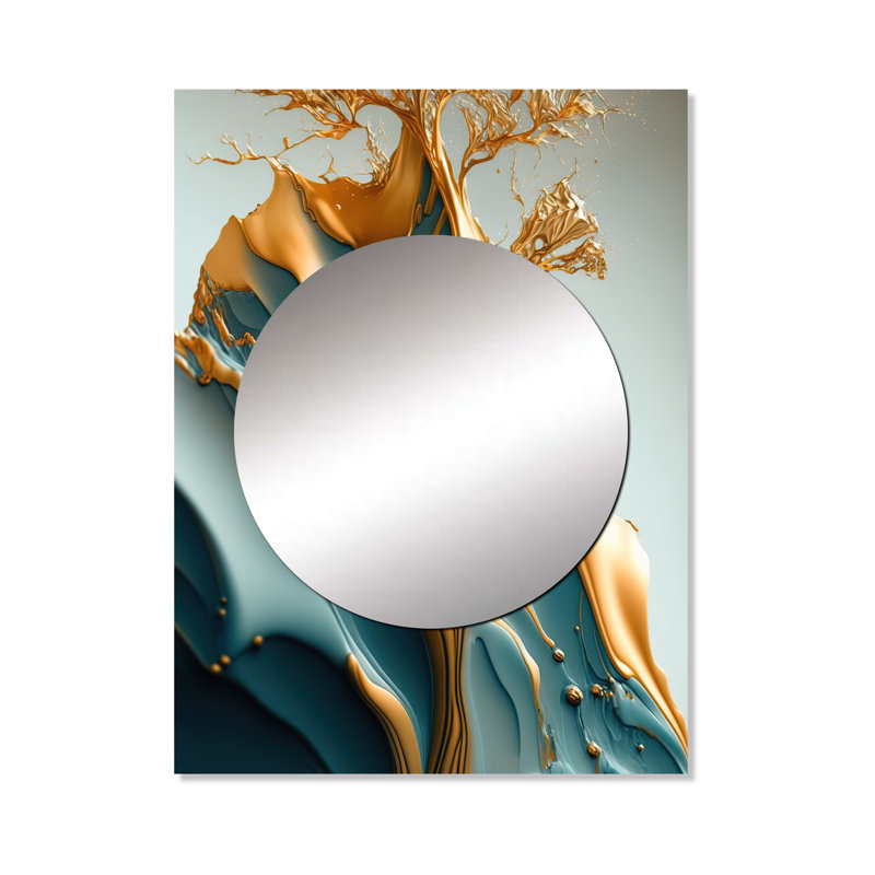 Nadin Abstract Blue And Gold Leaves III - Leaves Wall Mirror, Traditional Decorative Mirror, Printed Metal Art, 40" x 30"